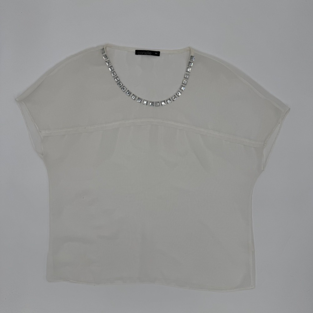 Cortelle Blouse Top Womens Size 44 Cream Lightweight Summer Silver Beaded Neck